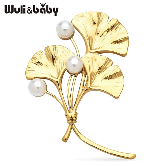 Wuli&baby Stainless Steel Ginkgo Leaf Brooches 2-color Beautiful Pearl Flower Plants Party Office Clothes Brooch Pins Gifts