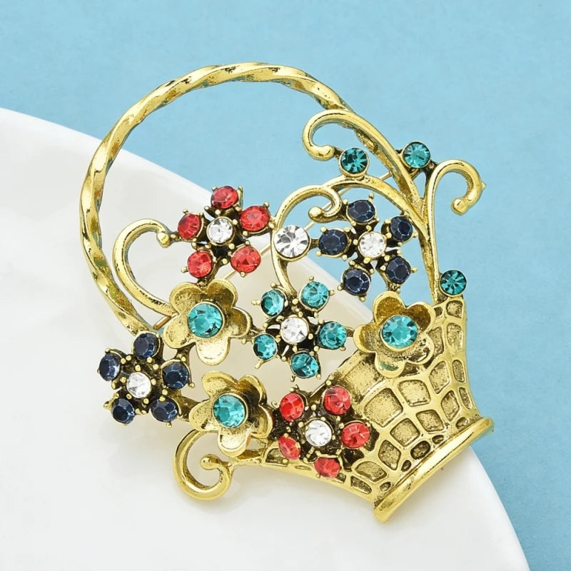 Wuli&baby Vintage Beautiful Flower Basket Brooches Alloy Rhinestone Plants Party Casual Brooch Pins Gifts