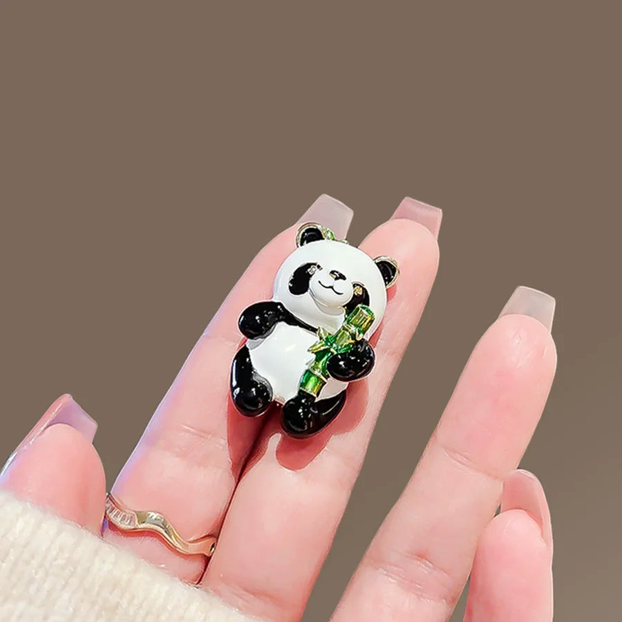 Cute Cartoon Enamel Panda Brooch Luxury Crystal Bamboo Animal Pins Women Men Badge Jewelry Hat Coat Accessories Party Gift