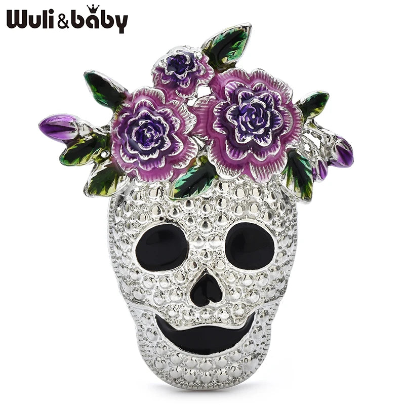 Wuli&baby Wear Flowers Skull Brooches For Women Unisex 2-color Alloy Enamel Skeleton Clothes Bags's Brooch Pins Gifts