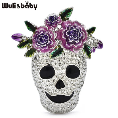 Wuli&baby Wear Flowers Skull Brooches For Women Unisex 2-color Alloy Enamel Skeleton Clothes Bags's Brooch Pins Gifts