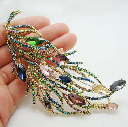 Famous Brand Design Luxurious Retro Design Long Feather Brooch Pin Multi-color Rhinestone Crystal Woman Jewelry Gifts for Girl