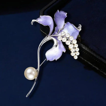 Purple Iris Flower Brooch For Women Shiny Pearl Enamel Pin Elegant Wedding Banquet Jewelry Gift