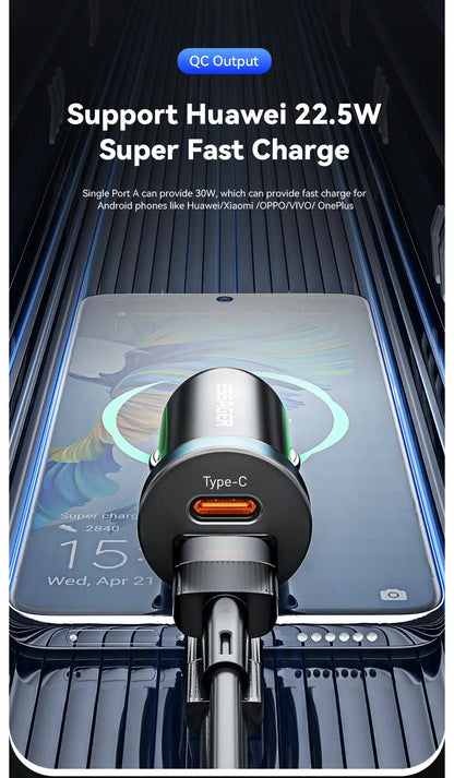 Essager 30W USB C Car Charger Type C Quick Charger PD QC 3.0 SCP 5A Fast Charging Car Phone Charge For iPhone Xiaomi Samsung