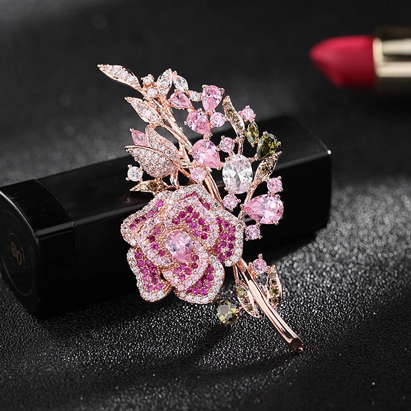 Vintage Pink Rhinestone Rose Bouquet Flower Brooches For Women Lady Elegant Water Drop Crystal Leaf Brooch Banquet Party Jewelry