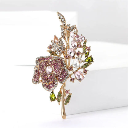 Vintage Pink Rhinestone Rose Bouquet Flower Brooches For Women Lady Elegant Water Drop Crystal Leaf Brooch Banquet Party Jewelry