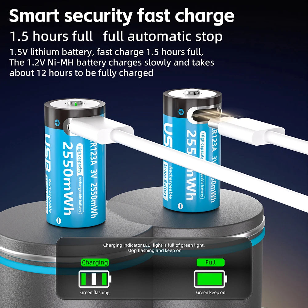 PUJIMAX Type-C Rechargeable CR123A 2550mWh 3V Lithium Battery Rechargeable Battery High Capacity  Portable Stable Output