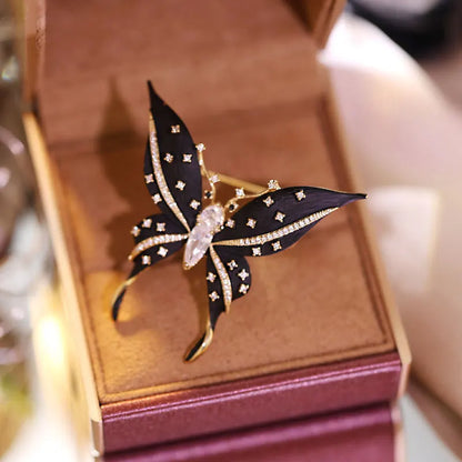 Vintage Rhinestone Black Butterfly Brooches Inlaid Cubic Zirconia Insect Metal Enamel Pins for Women Clothing Accessories