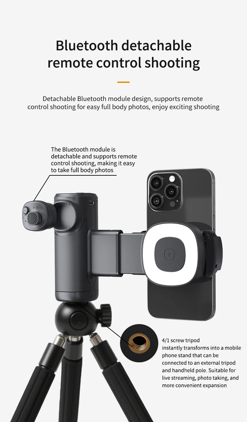Single-Axis Phone Grip with Bluetooth LED Selfie Light, Adjustable Angle for Smartphone Photography, Video Live Streaming
