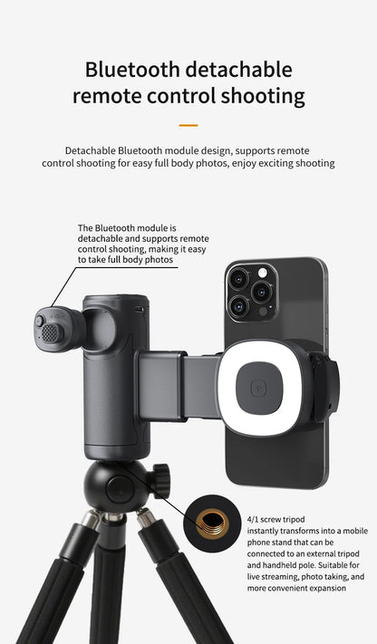Single-Axis Phone Grip with Bluetooth LED Selfie Light, Adjustable Angle for Smartphone Photography, Video Live Streaming