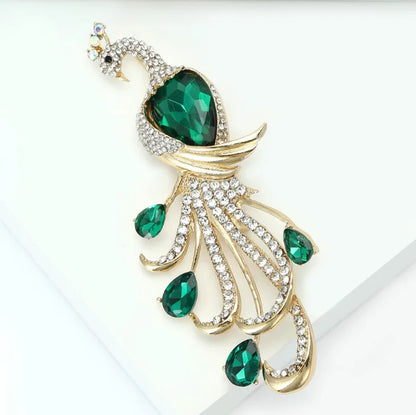 Elegant Green Crystal Peacock Brooch For Women Luxury Big Bird Animal Lapel Pin Casual Suit Coat Dress Fashion Jewelry Gifts