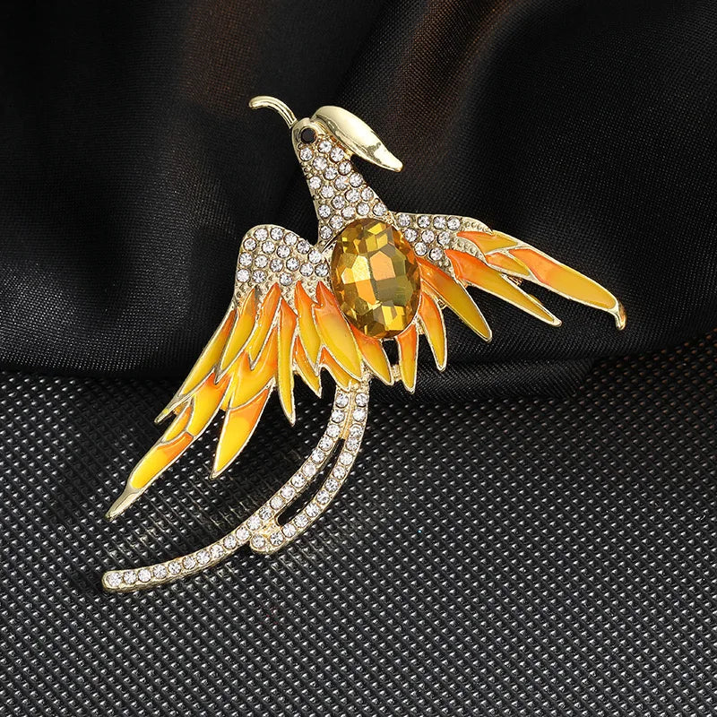 Luxury Crystal Phoenix Bird Brooches For Women Men Unisex Colorful Yellow Enamel Pins Chinese Birds Party Office Jewelry Gifts