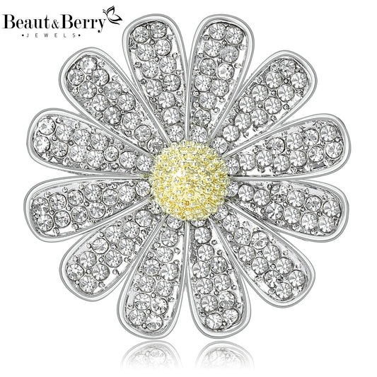 Beaut&Berry Luxury Rhinestone Chrysanthemum Brooches for Women Unisex Plant Pins Casual Party Jewelry Accessories Gifts