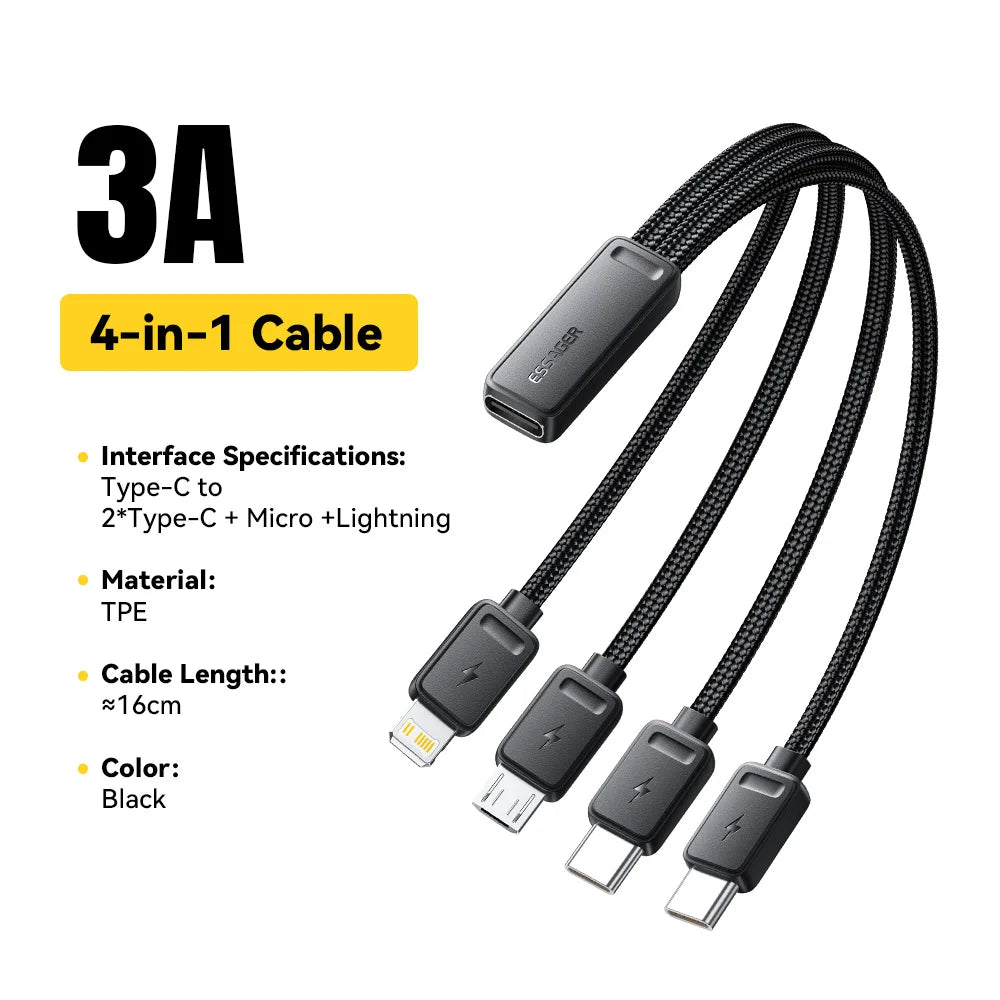 Essager Portable 4-in-1 Fast Charging Cable For Travel Type C Female To Multi USB Cable With 2 Type C, Micro, Lightning Adapters