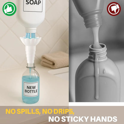 Universal Bottle Emptying Kit - Reusable Liquid Transfer Connector with No Waste Funnel Adapter, Compatible with Soap, Shampoo