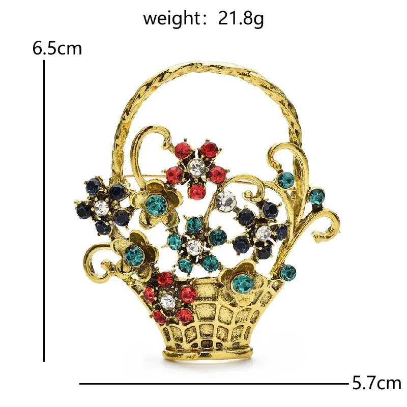 Wuli&baby Vintage Beautiful Flower Basket Brooches Alloy Rhinestone Plants Party Casual Brooch Pins Gifts