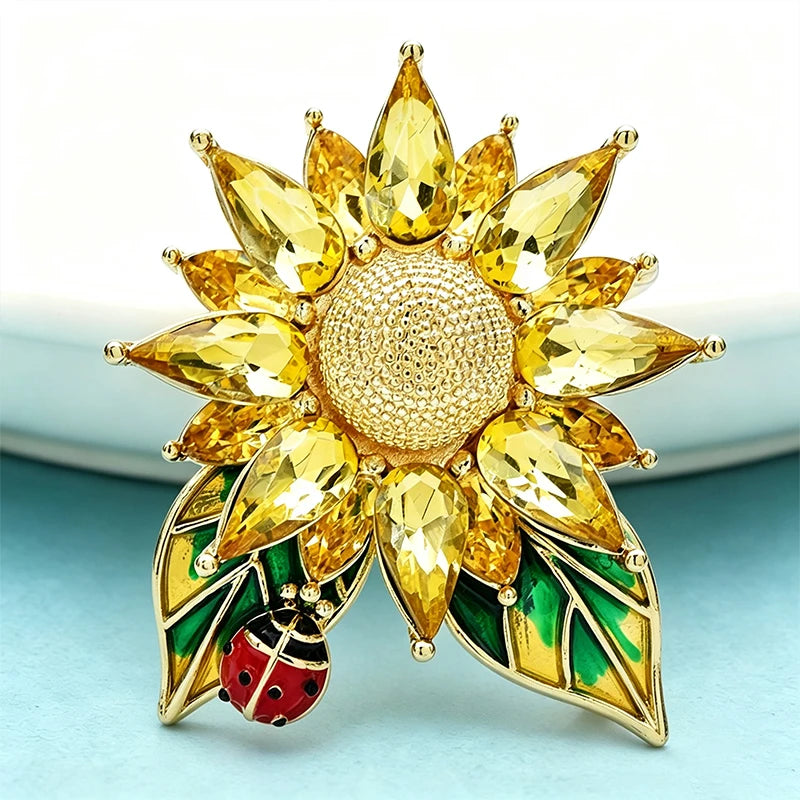 Wuli&baby Crystal Sunflower Brooches For Women Unisex Lovely Ladybug And Flower Office Party Brooch Pin Gifts