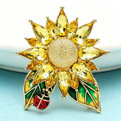Wuli&baby Crystal Sunflower Brooches For Women Unisex Lovely Ladybug And Flower Office Party Brooch Pin Gifts