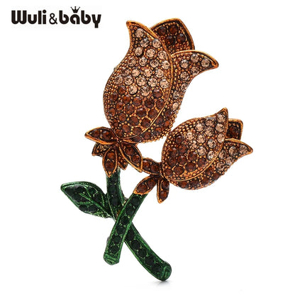 Wuli&baby Shining Rose-flower Brooches 4-color Rhinestone Beautiful Tulip Flowers Plants Brooch For Women's Clothes Pins Gifts