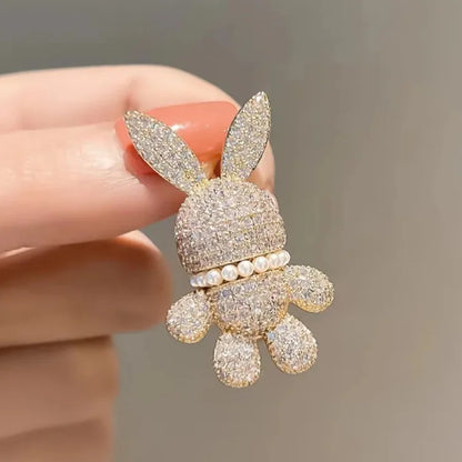Cute Full of Rhinestone Rabbit Brooch Pearl Animal Lapel Pin Gold Color For Women Men Trendy Fashion Jewelry Gift