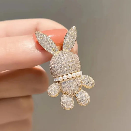 Cute Full of Rhinestone Rabbit Brooch Pearl Animal Lapel Pin Gold Color For Women Men Trendy Fashion Jewelry Gift