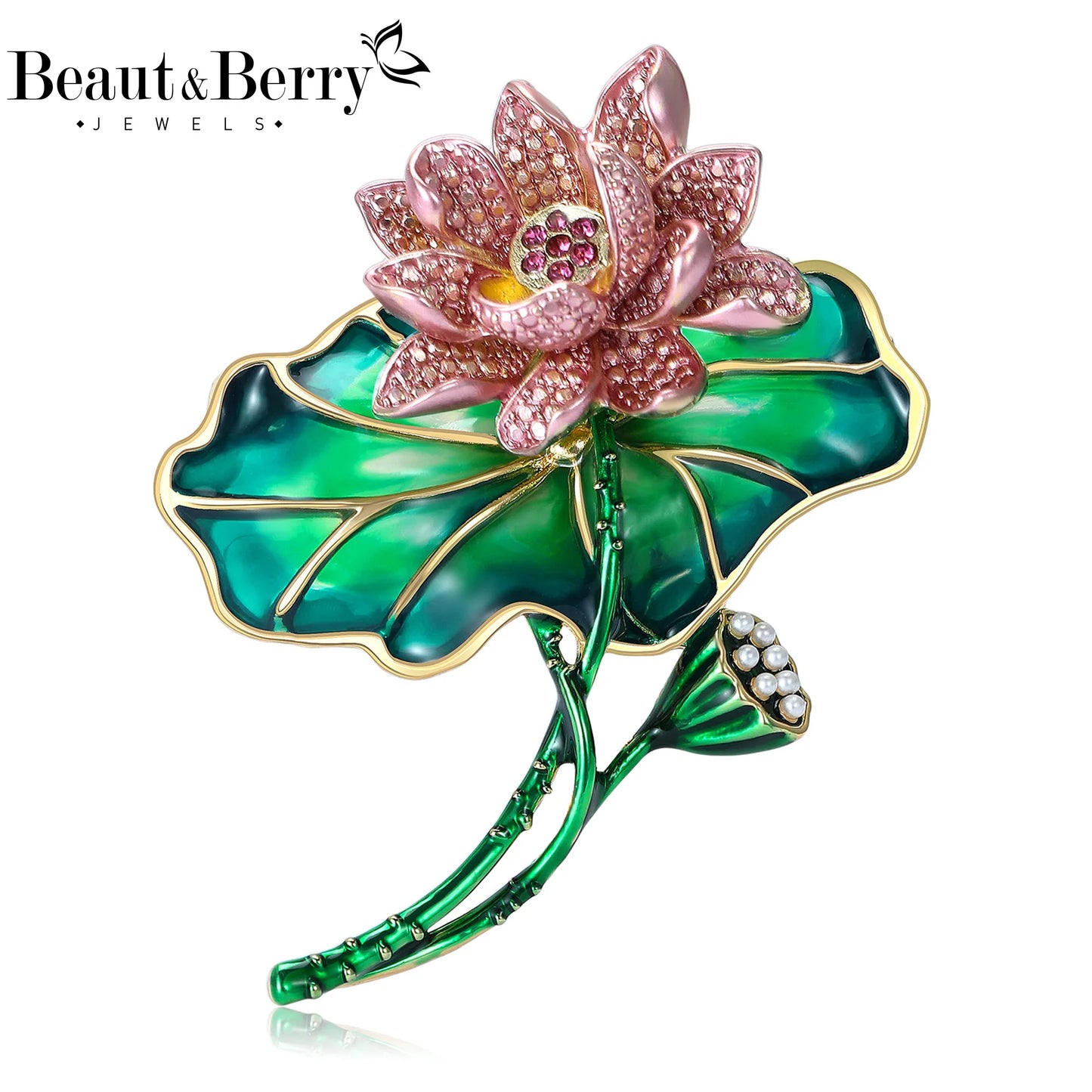 Beaut&Berry Luxury Enamel Lotus Flower Brooches for Women Unisex Plant Pins Casual Party Jewelry Accessories Gifts Decoration