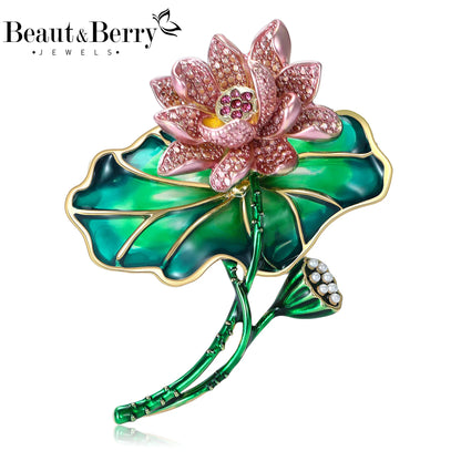 Beaut&Berry Luxury Enamel Lotus Flower Brooches for Women Unisex Plant Pins Casual Party Jewelry Accessories Gifts Decoration