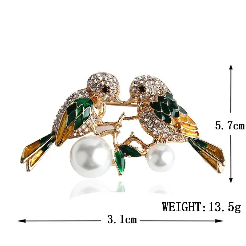 Luxury Crystal Rhinestone Pearl Magpie Couple Brooch Animal Paired Pin For Lady Clothing Fashion Jewelry Accessories Badges Gift