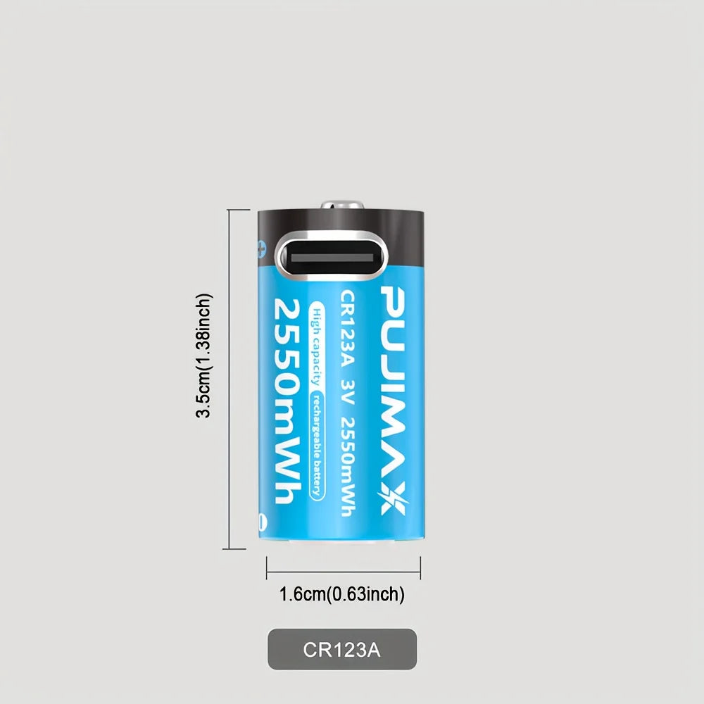 PUJIMAX Type-C Rechargeable CR123A 2550mWh 3V Lithium Battery Rechargeable Battery High Capacity  Portable Stable Output