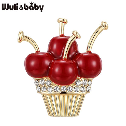Wuli&baby Adorable Cherry Cupcake Brooches For Women Unisex Rhinestone Enamel Fruits Dessert Party Brooch Pins New Year Gifts