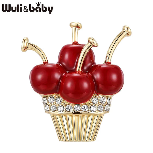 Wuli&baby Adorable Cherry Cupcake Brooches For Women Unisex Rhinestone Enamel Fruits Dessert Party Brooch Pins New Year Gifts