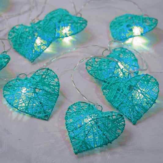 50 Turquoise Blue 3D Hollowed Rattan Heart-Shaped 5M LONG String Fairy Lights, Battery (AA) Indoor & Outdoor Decorations Birthday Kids Celebration PartyRoom Table Lighting