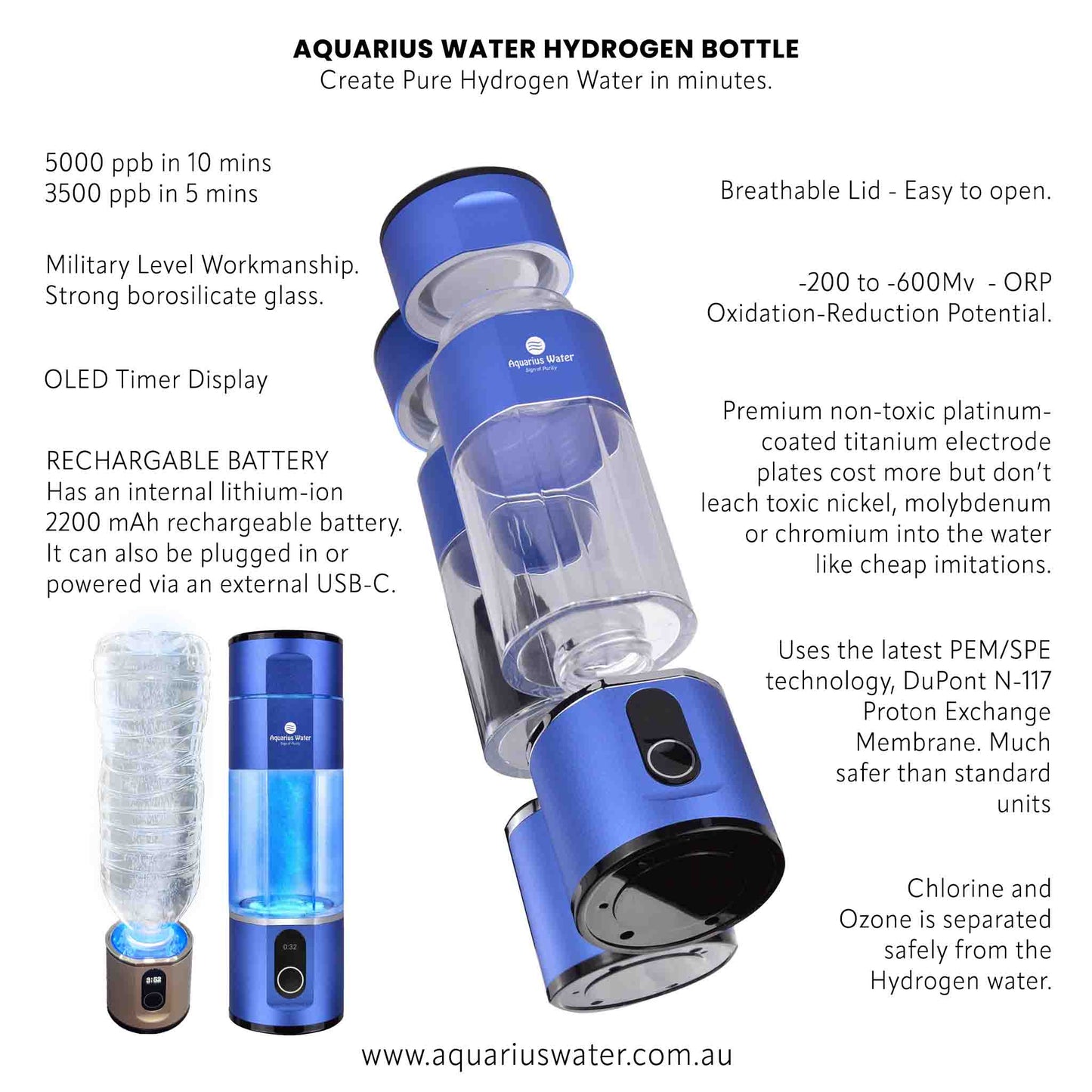 Aquarius Water Hydrogen Bottle 5000 ppb